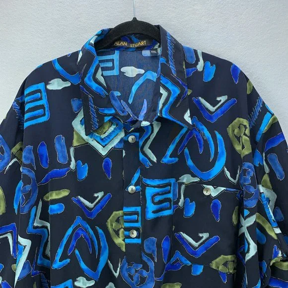 **SOLD**Alan Stuart Shirt Mens XXL 2XL Blue Abstract Art Pullover Banded Pocket - Picture 2 of 13